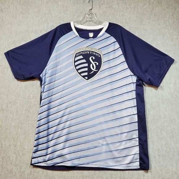 Sporting Kansas City Shirt Men XL Blue Striped MLS Soccer Sports Round Neck Logo - Picture 1 of 7